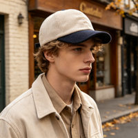 Casquette de baseball en velours côtelé de coton, 6 panneaux, bicolore, visière contrastante, couronne souple non structurée, automne-hiver, chaude, style classique, pour homme