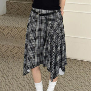 Vintage <b>Plaid</b> Irregular <b>Midi</b> <b>Skirt</b> Women High Waist Slim Fit A-Line <b>Skirt</b> Asymmetrical Hem Design Fashion Versatile <b>Skirt</b> - Product Image 3