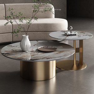 Italian Design Luxury <b>Nesting</b> Coffee <b>Tables</b> Grey Marble Stone Pattern Top Black Metal Pedestal Base Center <b>Table</b> Round End <b>Table</b> - Product Image 6