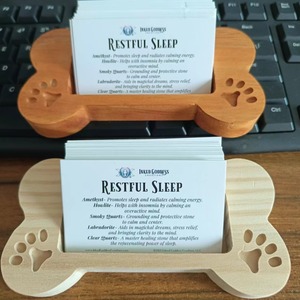 Wood Dog Bone Business Card Holder Natural Wood Color Desktop Paw Print Display Rack - Product Image 1