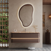 Meuble-lavabo vintage à façade incurvée, armoire de salle de bain en bois massif étanche avec compartiment grillagé et miroir de rangement LED