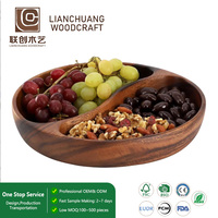 Assiette en bois d'acacia FSC à 2 sections, plateau à compartiments ronds pour collations, OEM personnalisé pour la cuisine
