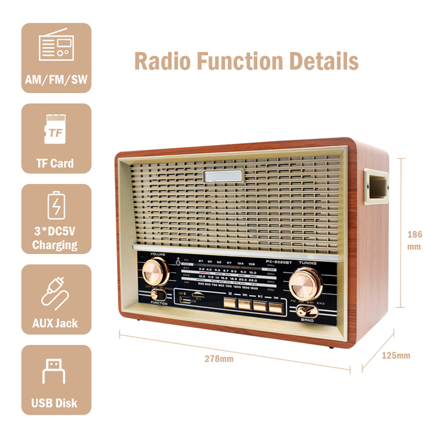 Hot Sale Portable Shortwave Retro Radio Rechargeable AM FM SW Classical Vintage Radio with BT Speaker AUX TF USB for Home
