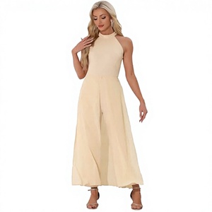 Combinaison élégante pour femme en tissu peigné, col licou, taille haute, longue, à manches longues, couleur unie, printemps-été, Nouvel An, décontractée - Product Image 2