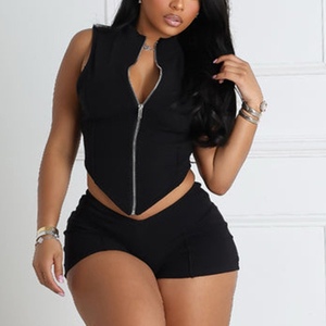 Women's Spring and Summer Zipper Lapel Sleeveless Line Navel Top High Waisted Fitted <b>Shorts</b> Casual 2-piece Set Fashion - Product Image 3