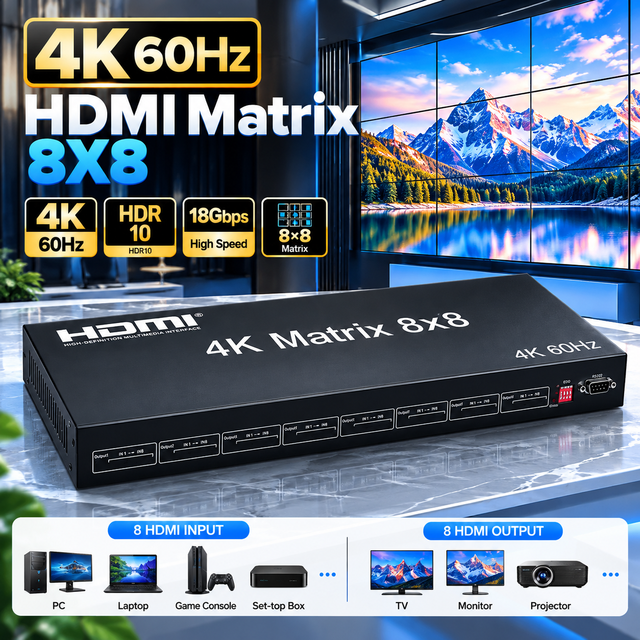 4K 8x8 HDMI Matrix Switcher Seamless 8 Input 8 Output HDMI Video Matrix Switch Splitter Support 3D for TV Monitor