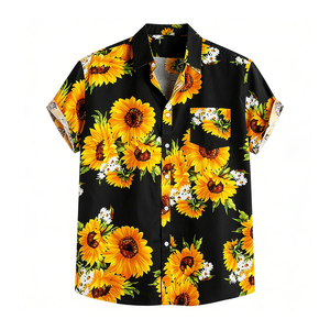 Produsen Pakaian Kemeja Hawaii Kasual Pria Cetak Kustom, Blus Longgar Motif Bunga Matahari, Kancing Depan Tunggal, Lengan Pendek - Product Image 1
