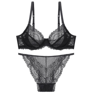 Factory Customized Women's Underwear Lace Transparent Sexy Gathered Bra and Bikini Pants Set