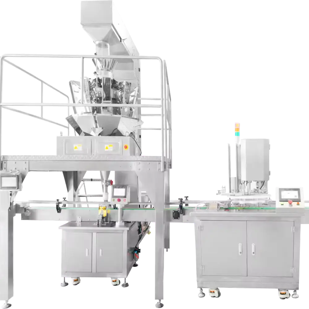 स्वचालित कॉफी मूंगफली बीन ग्रेन्युल नमक चीनी पैकिंग मशीन उत्पादन लाइन सीई कैन ठोस उत्पाद भरने की मशीन लाइन