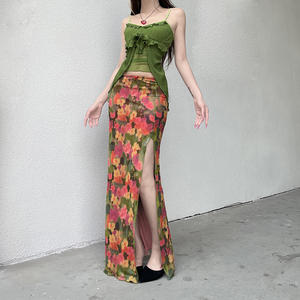 Falda Maxi Vintage con Estampado Floral de Pintura al Óleo para Mujer, de Cintura Baja, con Contraste de Color, Abertura Alta y Ajuste Delgado, Falda de Diseño Llamativo - Product Image 3