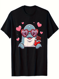 T-shirt Uomo Dolphin Heart Chocolate Vestibilità Ampia Nera Girocollo Manica Corta 100% Cotone Jersey Stampa Cartone Animato Stile Casual - Product Image 1