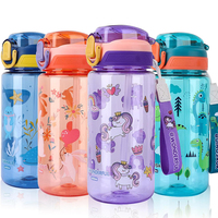 Botella Ecológica para Niños, Apta para Llevar al Colegio o de Viaje, 20oz, Plástico Resistente, con Asa, Pajita, Tapa Antiderrames y Boquilla Pop-Up