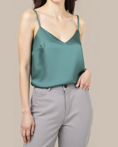 Custom Women's Satin V-Neck <b>Spaghetti</b> <b>Strap</b> <b>Tank</b> <b>Top</b> Asymmetric Elegant Solid Color Sleeveless Spring Summer Wear - Product Image 6