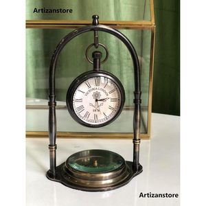 Antique Brass Compass Nautical <b>Table</b> Top <b>Clock</b> Mechanical Waterproof Snooze Function Round Traditional Desk Decor Watch - Product Image 4