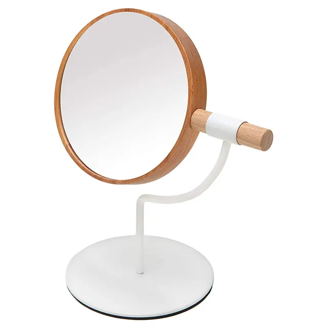 WELLRICH Desk Table Mirror with Mental Stand 3X Magnification Small Wooden Desktop Mirror 360 Rotation makeup Mirror  white