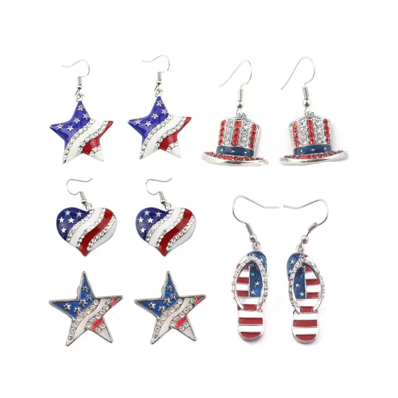 Usa Patriotic Us United States National Flag Dangle Heart Star Shoe Hook Earrings Jewelry fashion silver gold earrings Woman