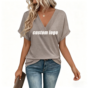 T-shirt décontracté à col en V et manches courtes pour femme, coupe ample, respirant, couleur unie, ensemble printemps-été, <span class=keywords><strong>taupe</strong></span> - Product Image 2
