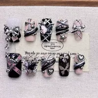 Faux ongles en acrylique faits à la main, forme amande, avec strass noirs, vente en gros