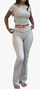 Abbigliamento sportivo estivo da Yoga per <span class=keywords><strong>donna</strong></span>, Cross-Border, due pezzi, t-shirt a girocollo, <span class=keywords><strong>pantaloni</strong></span> svasati a vita bassa per il tempo libero - Product Image 6