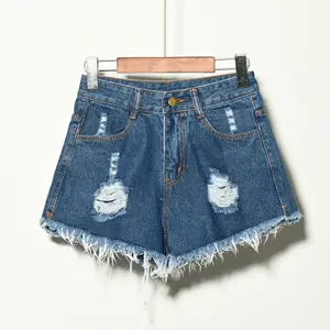 Vente chaude mode été grande taille short à jambes larges blanc bleu noir gris trou cassé glands haute élastique short en jean pour femmes