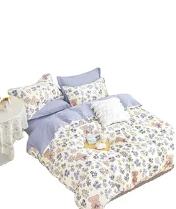 100% coton biologique tissu sergé Style drap plat et rideau ajusté taie d'oreiller imperméable avec motif teint ensemble de literie d'hôtel