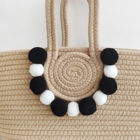 Sac Fourre-Tout Grande Capacité pour Femme, Nouveau Style Transfrontalier, Fait Main en Corde de Coton Tressée, Paille, Balle de Fourrure, Fermeture Bonbon, Idéal Voyage et Plage