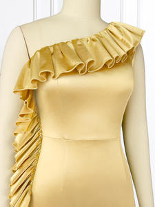 Ruffles Sleeveless Party Gold Shiny Slit Vestidos irregulares de baile para mujer - Product Image 6