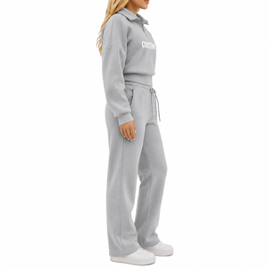 Conjunto Deportivo de 2 Piezas para Mujer, Color Gris, Sudadera Corta con Cierre de Cremallera, Pantalones Anchos con Cordón, Corte Holgado Informal para Todas las Temporadas - Product Image 3