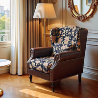 Europäischer Vintage Einzels ofa Sessel Blumen polster Leder Wingback Lounge Chair für Wohnzimmer