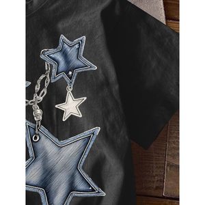 Camiseta FOXA para Mujer con Estampado de Estrellas, Manga Corta, Cuello Redondo, Informal, de Verano, 100% Algodón, Tejido Jersey Transpirable - Product Image 3