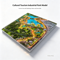 Maquette de parc industriel de tourisme culturel avec bâtiments, zone aquatique, routes, ceinture verte, ceinture lumineuse et zones fonctionnelles