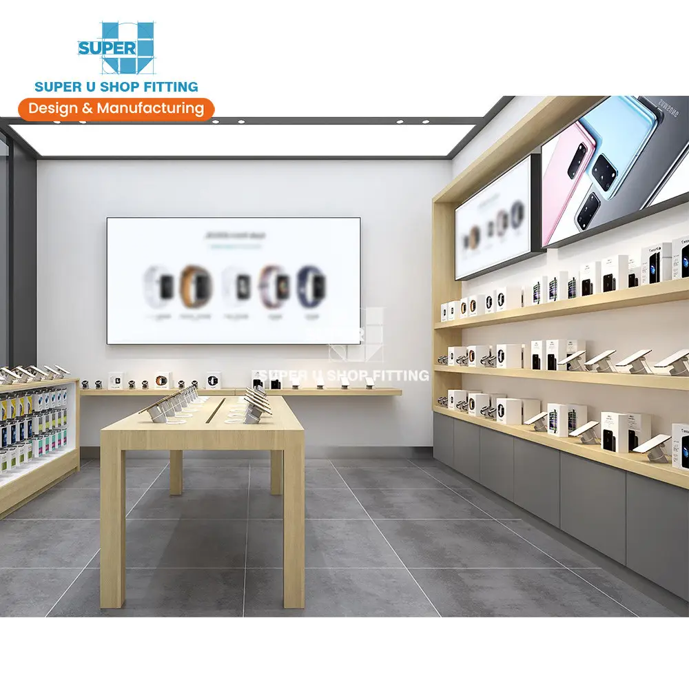 Caja de madera para teléfono móvil, estante de exhibición de diseño de tienda de interiores, a la moda, personalizado