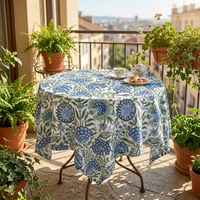 Nappe de table basse LIVING en polyester, motif floral vintage bleu, imprimée au bloc, tissée, moderne, imperméable, écologique et lavable