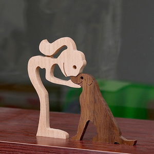Legno cane scultura Home Office figurina da tavolo decorazione in legno intagliato legno