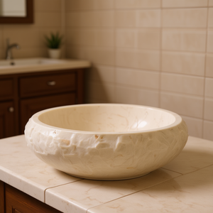 Vasque de salle de bain en marbre crème, ronde, 15,7x4,7, à poser sur comptoir, design contemporain poli - Product Image 2