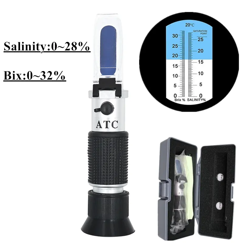 جهاز إنكسار للملح مع ATC, جهاز إنكسار للملح مع ATC للبيرة والفاكهة المملحة ، ميزان مزدوج (2 في 1 ، 0-32% ، ملح 0-28%)