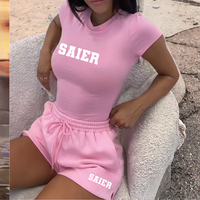 Ensemble 2 pièces de sport personnalisé pour femme en coton : T-shirt court et short de cycliste décontracté pour l'été, avec bandeau, couleur unie, écologique