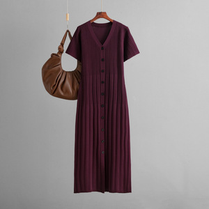 Vestido Casual de Verano para Mujer, Estilo 2026, Cuello en V, Manga Corta, Cintura Larga, Ajustado, Tejido de Punto, Color Puro - Product Image 5