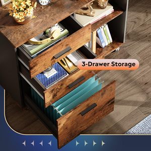 Armoire de classement mobile SENYU en bois rustique à 3 tiroirs avec étagères ouvertes pour le rangement du bureau à domicile - Product Image 4