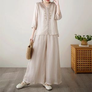 Women's Cotton <b>Linen</b> Two Piece <b>Set</b> V Neck Wide Leg Pants Casual Loose Fit Breathable Three Quarter Sleeve Top Outfit - Product Image 1