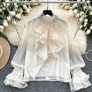 Elegante Camicetta con Colletto Alto da Donna <span class=keywords><strong>Top</strong></span> con <span class=keywords><strong>Volant</strong></span> in Cristallo Vestibilità Ampia per uno Stile Lungo e Raffinato - Product Image 3