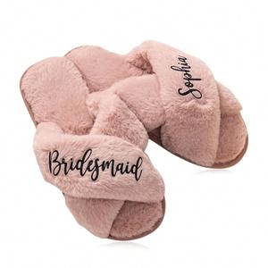 Pantuflas Personalizadas de Peluche para Mujer, Pantuflas de Boda de Piel Sintética, Regalos para Damas de Honor, Pantuflas de Casa con Tiras Cruzadas y Punta Abierta - Product Image 1