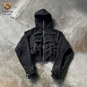 Sudadera con capucha de streetwear oversize de corte holgado, 100% algodón, de felpa francesa, con cremallera completa, estilo ninja, con efecto descolorido por el sol y lavado ácido, con patchwork personalizado. - Product Image 1