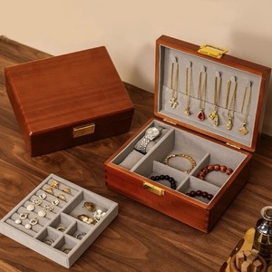 Wooden Jewelry Box <b>Storage</b> With Glass Lid 31.5x19x13cm Rectangle Solid Color Velvet Interior For Necklaces And Accessories - Product Image 2
