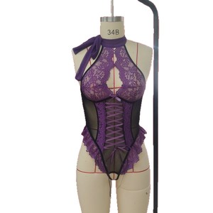 Combinaison sexy de style français, couleur violette, col halter, en maille transparente, lingerie pour femmes, costume - Product Image 5