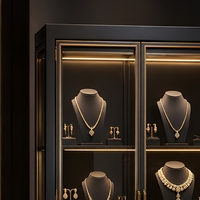 Luxuriöse Schwarz-Gold Schmuck-Vitrine Gebogene Glasvitrine Freistehende Verkaufsvitrine mit LED-Warmlicht