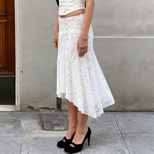 กระโปรงทรงเอไลน์ผ้าลูกไม้สีขาวลายดอกไม้ เอวต่ำ สำหรับฤดูร้อน ผู้หญิง ขายดี สวยสง่า ทรงเอไม่สมมาตร ระบายอากาศได้ดี เป็นมิตรกับสิ่งแวดล้อม เหมาะสำหรับใส่ไปชายหาด - Product Image 4