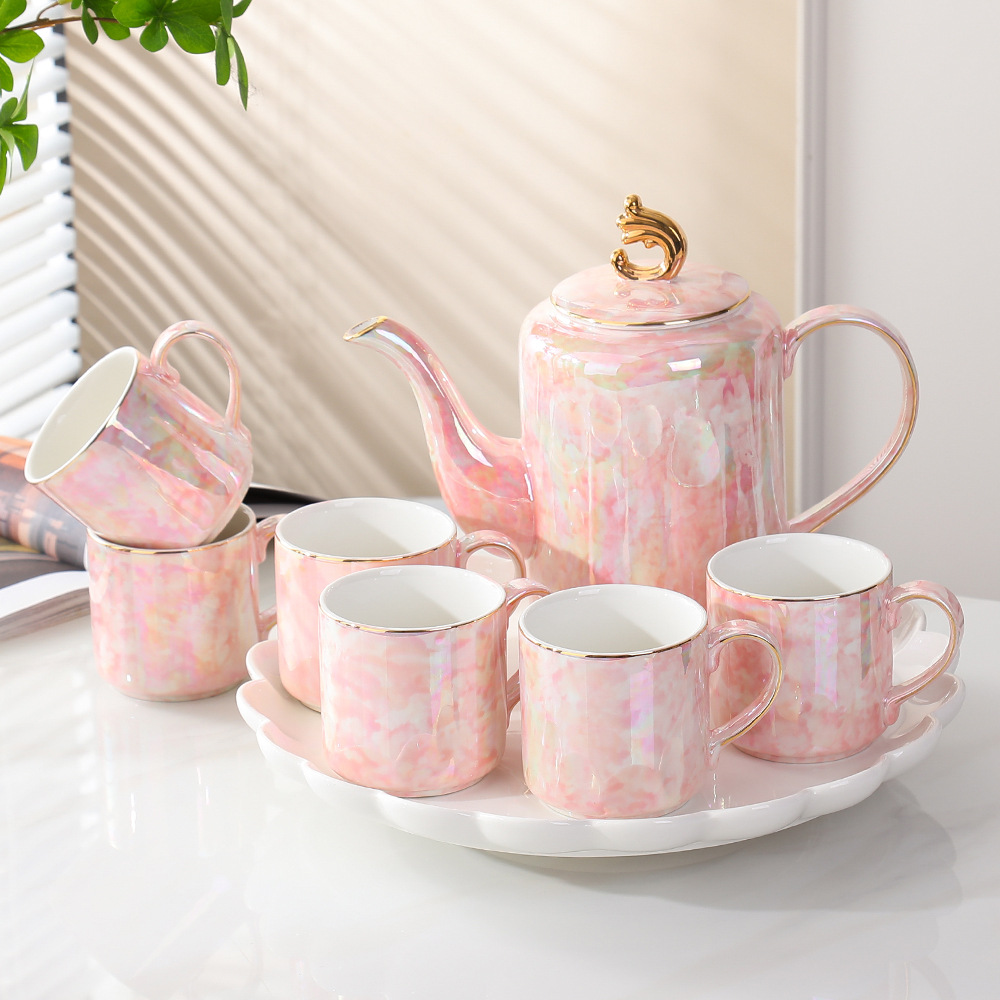 Plateau tournant rond rose Bibo, 1 pot, 6 tasses, 1 plateau