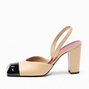 Sapatos Femininos com Tira Traseira, Salto Alto Grosso, Scarpin Patchwork, Sandálias Slingback de Bico Quadrado com Cores Vibrantes e Acabamento Brilhante - Product Image 4