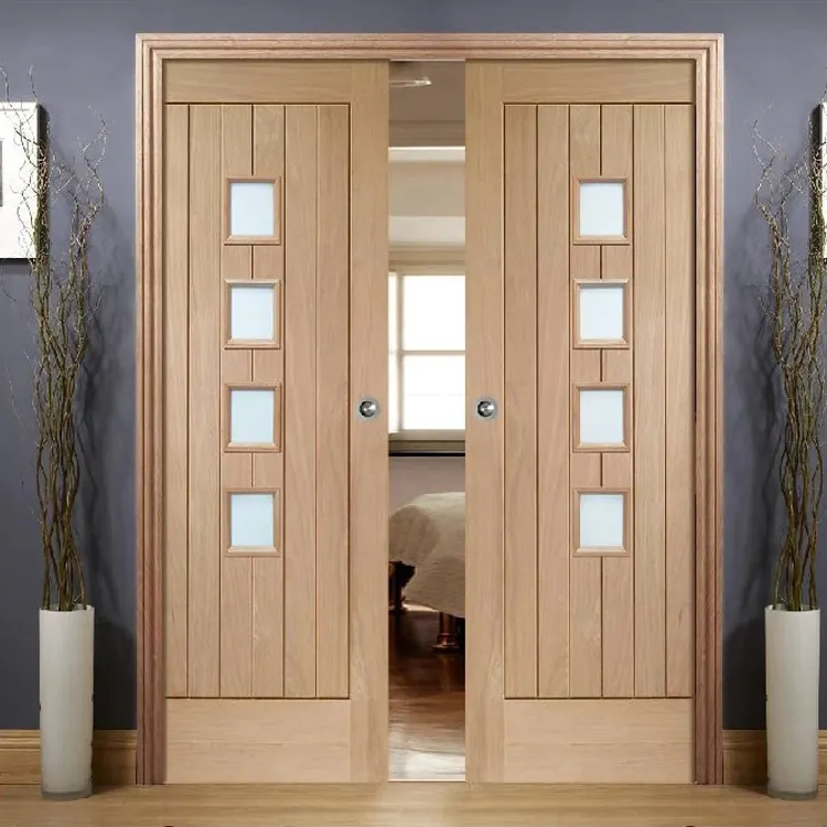 Custom exterior pocket timber doors kit design interior room glass solid wooden sliding hidden pocket door system with lock